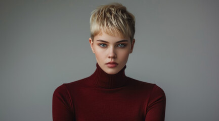 A simple headshot of a female model with short blond hair and wearing a maroon turtleneck sweater. Natural complexion. Skin care and cosmetics.