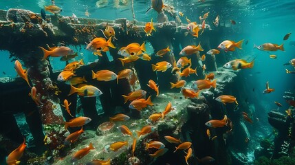 Show a school of fish swimming around an artificial reef structure designed to promote marine life, Close up