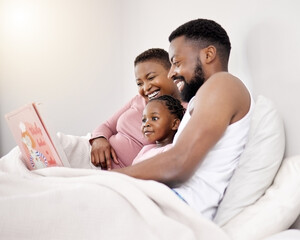 Child, reading and parents with book in bed for learning language in story and education in home....