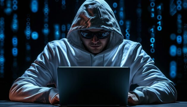 Mysterious Hooded Person hack with laptop and binary code 