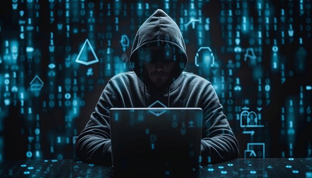 Mysterious Hooded Person hack with laptop and binary code 