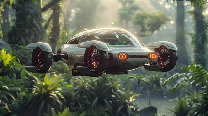 Visionary Electric Mobility A Self Piloting Flying Car with Advanced Aerodynamics and Retro Futuristic Solarpunk Aesthetic in a Lush Jungle Canopy