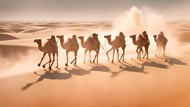 Camels walk in rows through the desert.