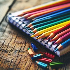 Fototapeta premium Colorful pencils and stationery on wooden table. Back to school concept, Back to School background concept, AI generated