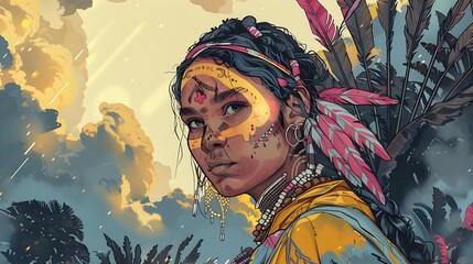 Powerful Indigenous Warrior Depicted in Comic Book Style