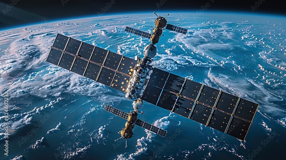Poster satellite links ensuring global communication coverage. stock image