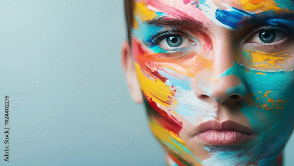 Poster a portrait of a person with half of their face painted in colorful abstract strokes and the other ha