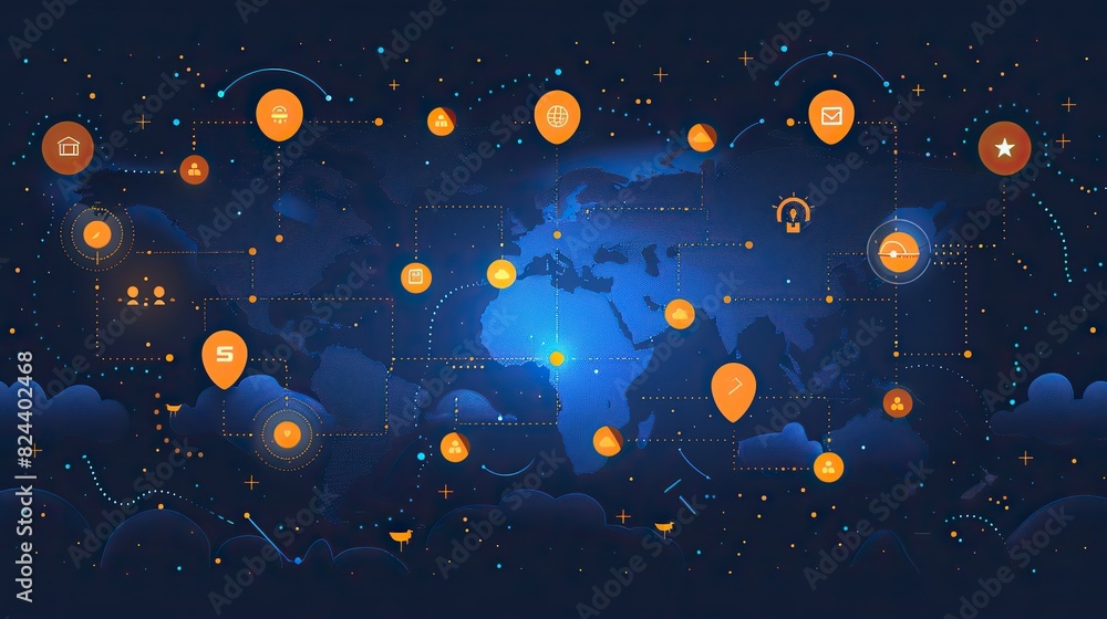 Poster cloud storage icons linked across continents. stock photo