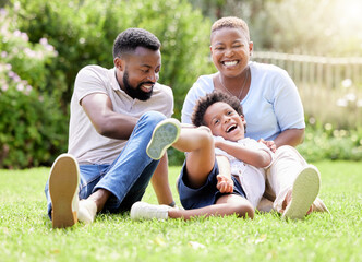 Black family, play and tickle in outdoor for love, support and games in nature on vacation....