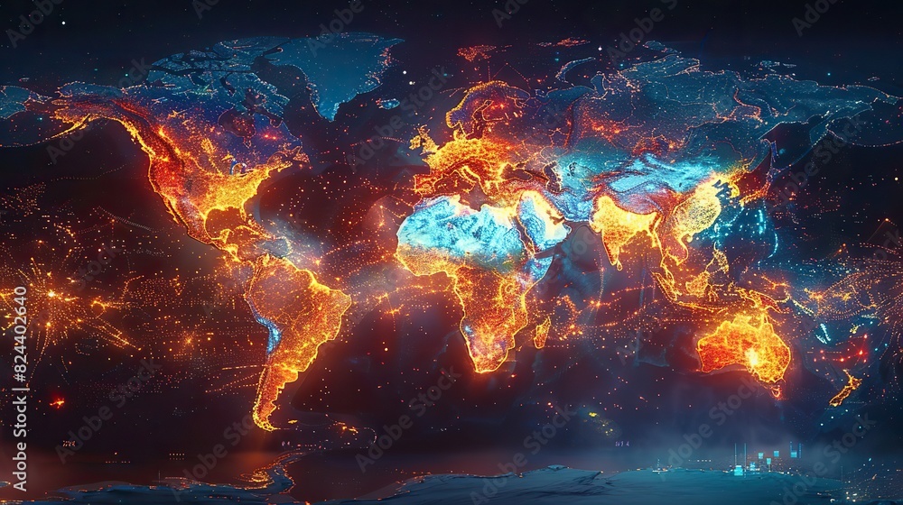 Poster interactive global map showing data transfer routes. stock image