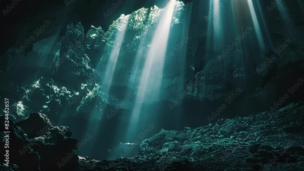 Poster muted light streams through a halocline in a cenote creating an otherworldly atmosphere.