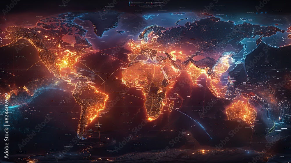 Poster interactive global map showing data transfer routes. photo