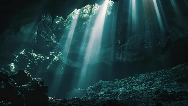 Muted light streams through a halocline in a cenote creating an otherworldly atmosphere.
