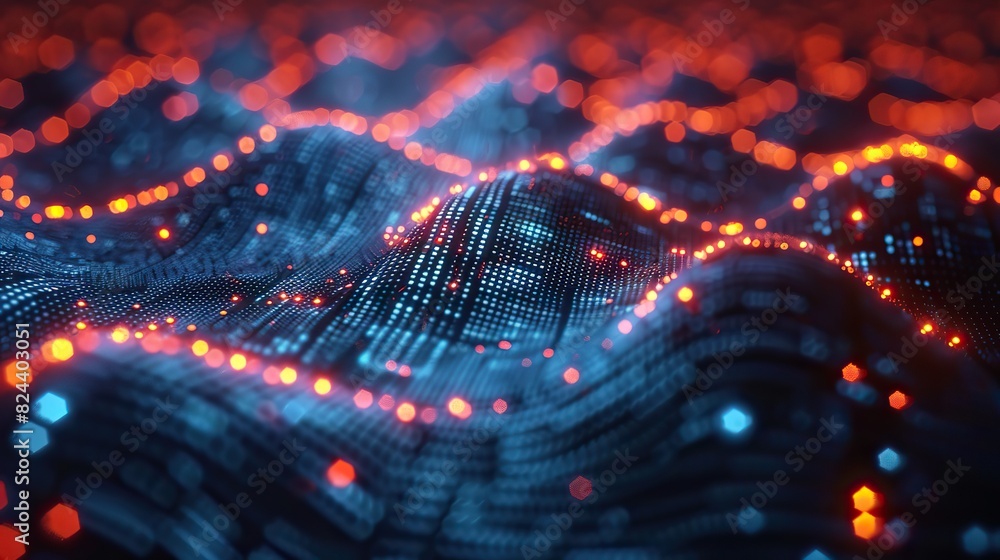 Poster virtual data streams flowing across a digital map. stock photo