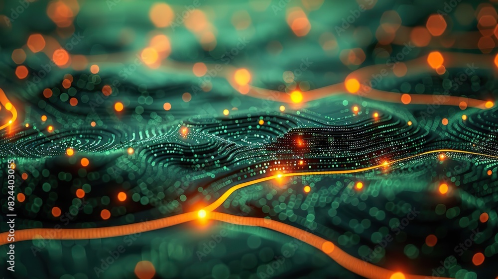 Poster virtual data streams flowing across a digital map. stock image