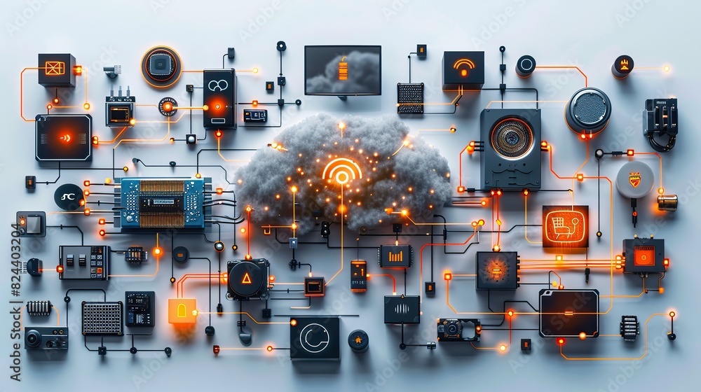 Aufkleber a global digital ecosystem with interconnected devices. stock image
