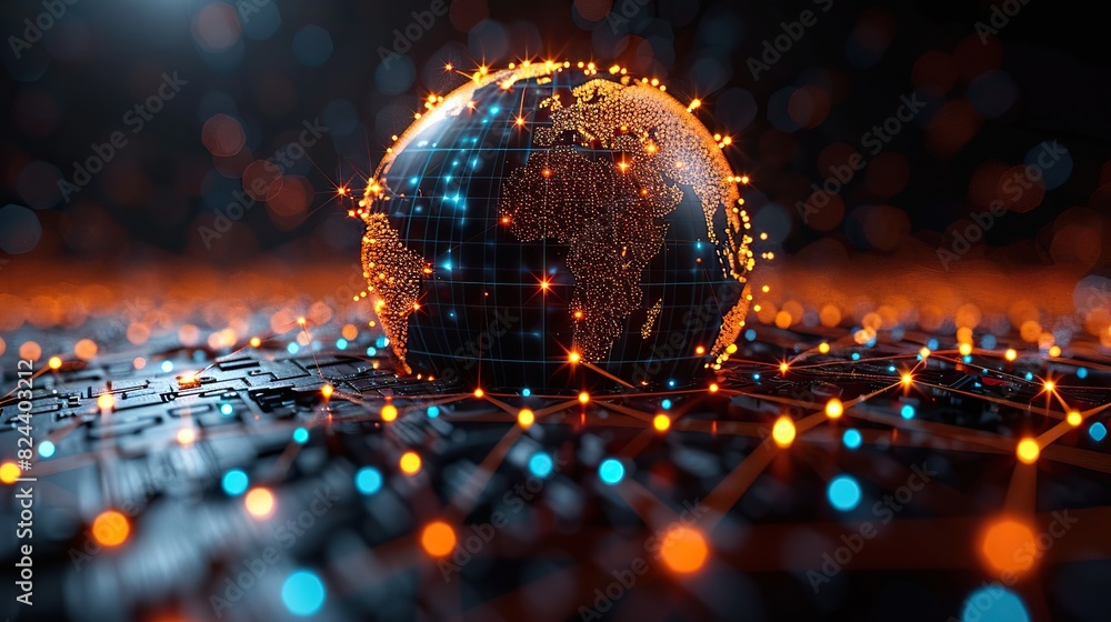 Poster digital globe with pulsating connection points. stock photo
