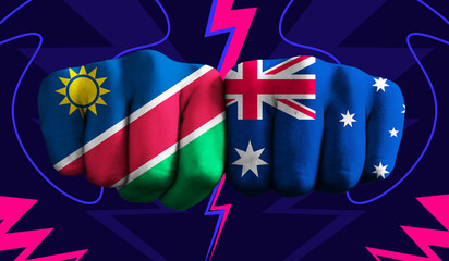 Namibia VS Australia T20 Cricket World Cup 2024 concept match template banner vector illustration design. Flags painted on hand with colorful background