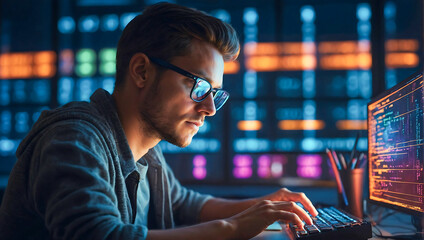 Portrait of a computer programmer writing code on a laptop surrounded by blue and purple colored lights