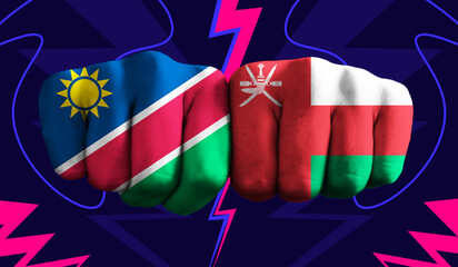 Namibia VS Oman T20 Cricket World Cup 2024 concept match template banner vector illustration design. Flags painted on hand with colorful background