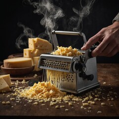 Cheese being grated over a dish.