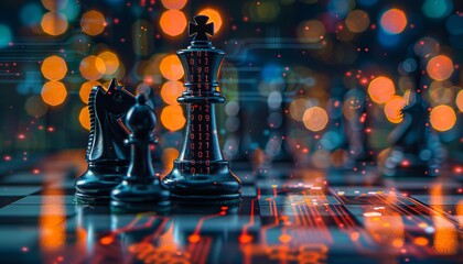 Ai Chess Game Concept with Chess Piece and Binary Network Computer Graphic on Background