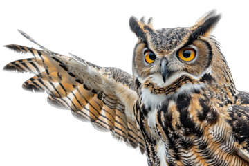 Wise owl pointing something out with his wing isolated on white background