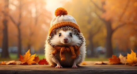 Fall season card featuring an adorable hedgehog wearing a knitted hat against a blurred autumn park landscape background with copy space. Autumnal traits. A humorous picture of a woodland