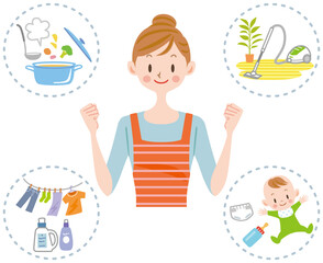 家事を頑張る主婦　ガッツポーズ