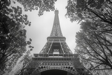 Torre Eiffel en medio de los arbols en blanco y negro