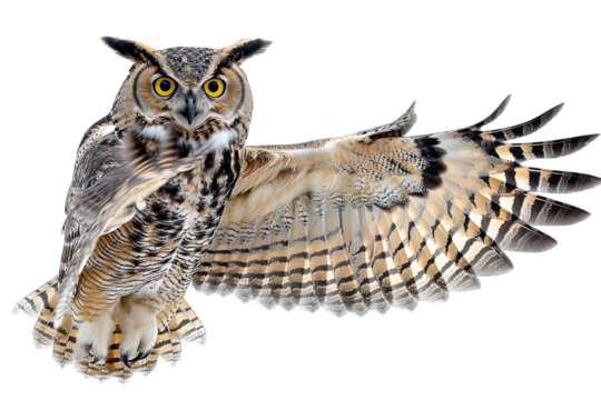 Wise owl pointing something out with his wing isolated on white background