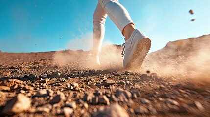 A person in white shoes walking on a rocky desert terrain, kicking up small stones and dust under a clear blue sky. - Powered by Adobe
