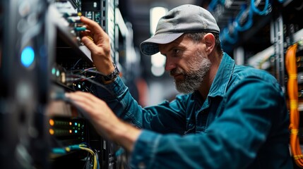 A man in a blue shirt and hat is working on a computer server