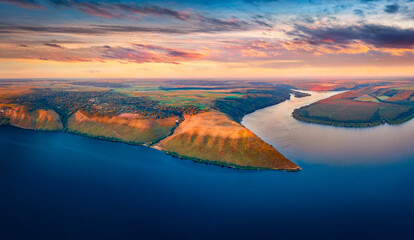 Stunning morning view from flying drone of Bakotska Bay. Amazing summer sunset on Dnister river,...