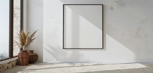 Modern 3D rendered mockup of a blank frame on a white wall in a room with a coconut fiber floor. Ultra realistic, high-definition image.