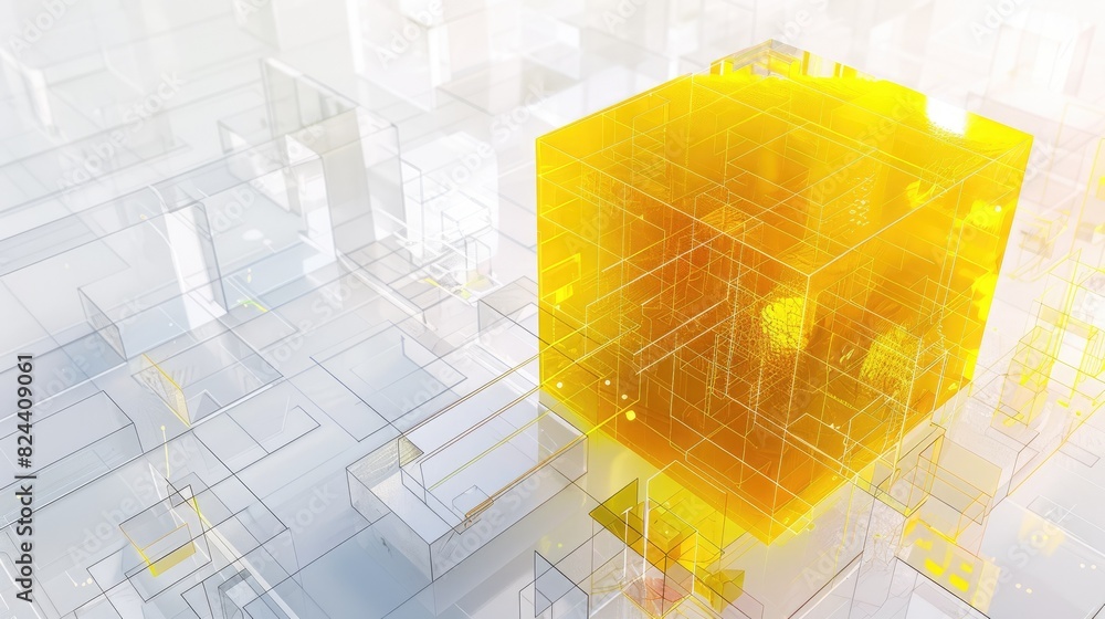 Aufkleber 3d rendering of a glowing yellow cube made of connected lines on a white grid background. aig535