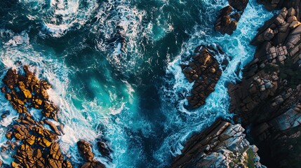 A stunning aerial view of a rocky coastline with vibrant blue waters and ocean waves crashing against the shore. - Powered by Adobe