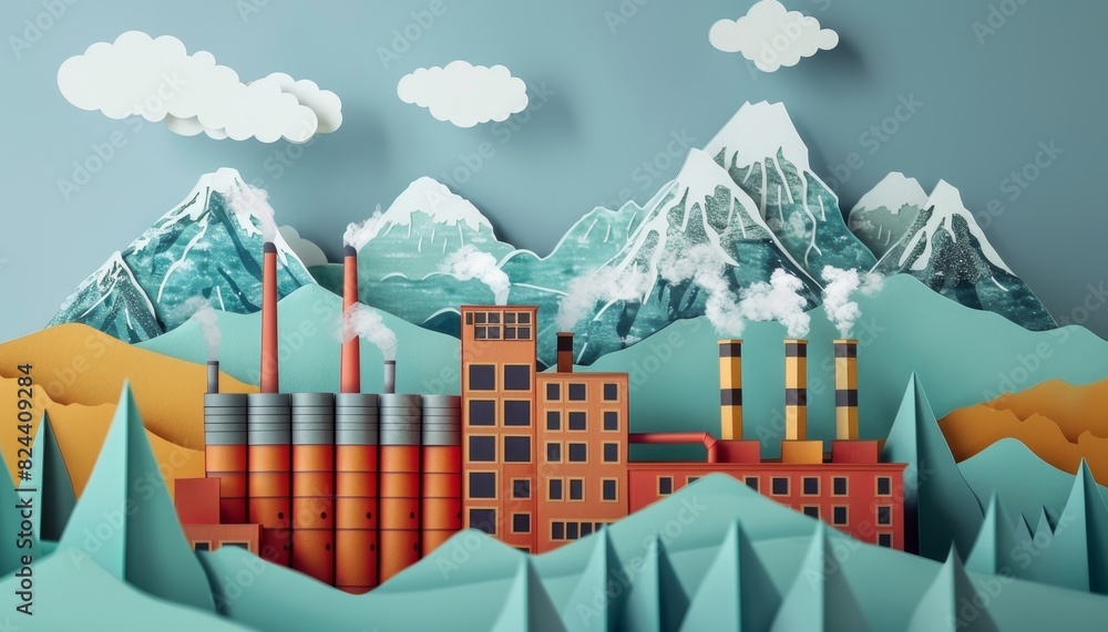 Wall mural a paper drawing of a mountain range with a factory in the foreground by ai generated image