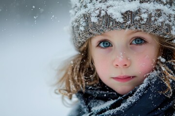 cute little girl face in the snow, Portrait of a small girl in snow, AI-generated