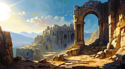 A breathtaking view of ancient stone ruins in a rugged, sunlit mountain landscape, capturing the stillness of dawn