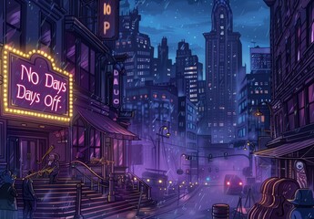 Fototapeta premium Depict a nighttime city skyline with jazz clubs, dim streets, and musicians in the background. Convey the urban, after-hours mood with a stylish marquee saying 