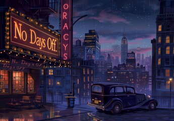 Depict a nighttime city skyline with jazz clubs, dim streets, and musicians in the background. Convey the urban, after-hours mood with a stylish marquee saying "No Days Off."