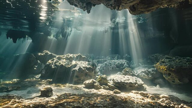 A photographers perspective of a halocline in a cenote with curious underwater shadows adding depth to the image.