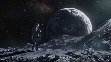 An astronaut stands on a moon-like surface gazing at a large Earth rising above the horizon against a star-filled sky: a sci-fi inspired scene.