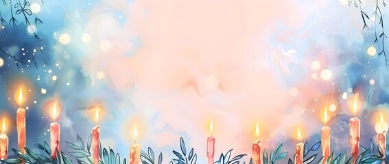 Festive Hanukkah Watercolor Doodle Border with Glowing Candles Evergreen Garlands and Traditional Treats