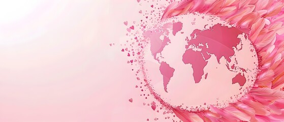 Global Breast Cancer Awareness Month Doodle Page with Silhouette World Map and Pink Hearts