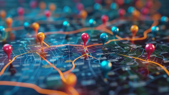 Customer Mapping: A 3D vector illustration of a map with pins for customer mapping