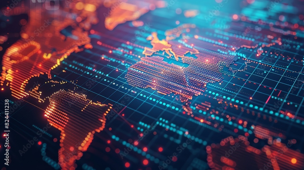 Poster digital world map: a 3d vector illustration of a digital world map with digital effects