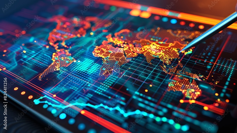 Poster digital world map: a 3d vector illustration of a digital world map on a digital tablet