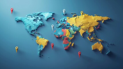 Education and Learning: A 3D vector illustration of a map with pins indicating different time zones